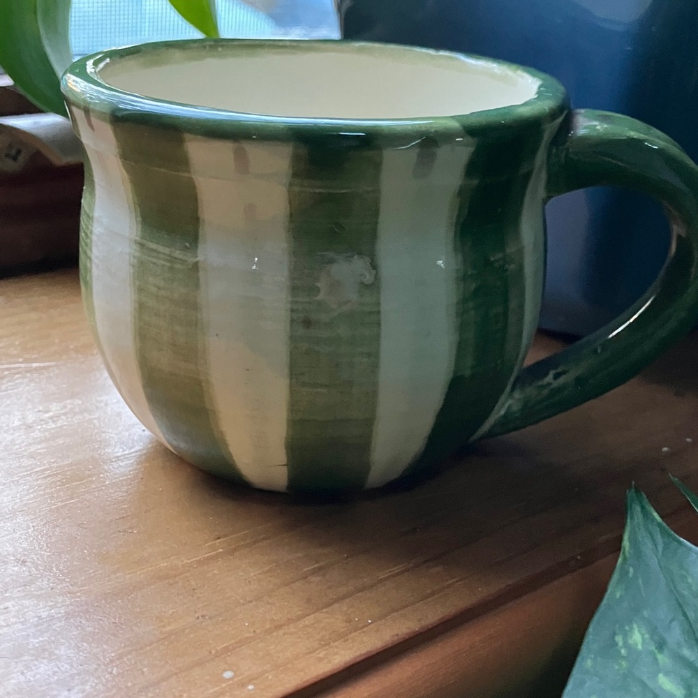 Elegant Green and Cream Striped Ceramic Mug